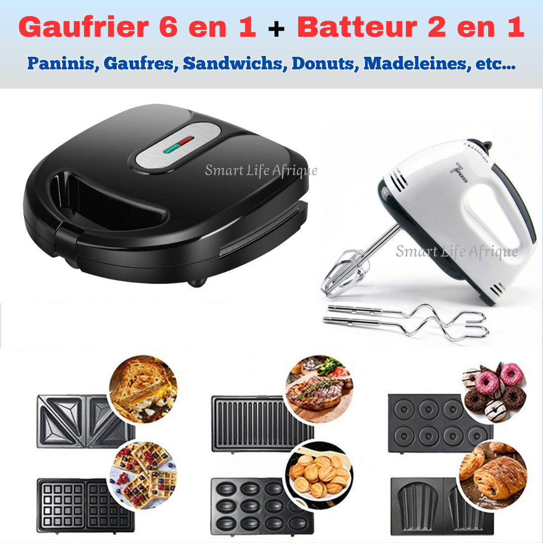 Gaufrier 6 en 1 + Batteur 2 en 1
